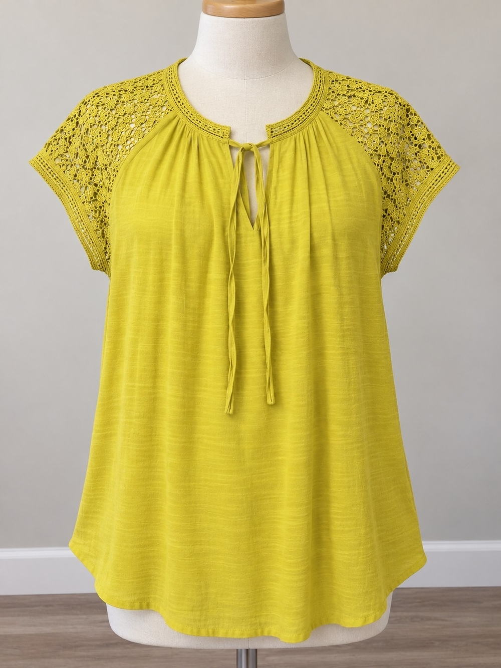 Zac & Rachel Crochet-Yoke Tie-Front Blouse in Chartreuse